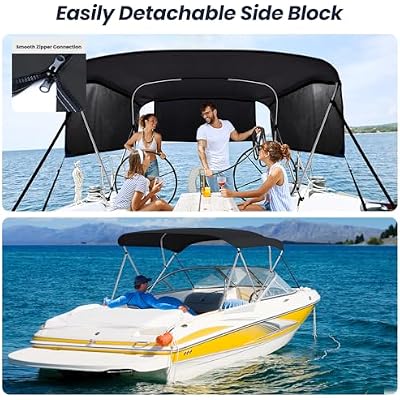 KAKIT 3 4 Bow Bimini Tops for Boats with 3 Mesh Sidewalls Rear Support Poles Boat Canopy Includes Straps Storage Boot, Dark Gray