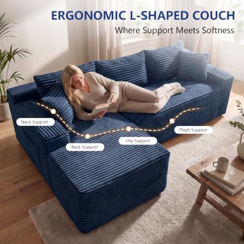 Image of 106.3 inch L Shaped Boneless Sectional Corduroy Couches for Living Room (Blue)