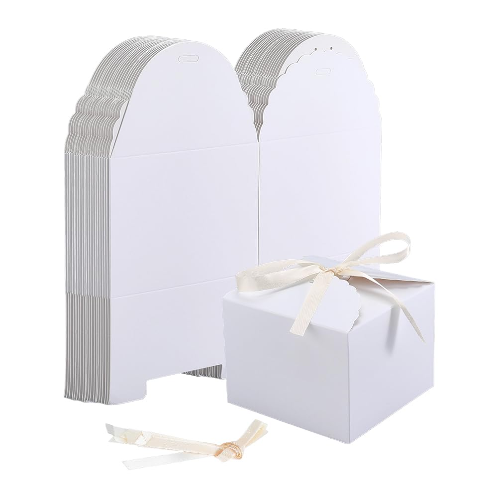 AHANDMAKER 30 Pack Cookie Boxes for Presents Small Gift Treat Boxes Square Box with Ribbon for Christmas Party Favors Wedding Birthday Candy Packaging Gift Giving Decoration, 4.7x4.7x3.5in White
