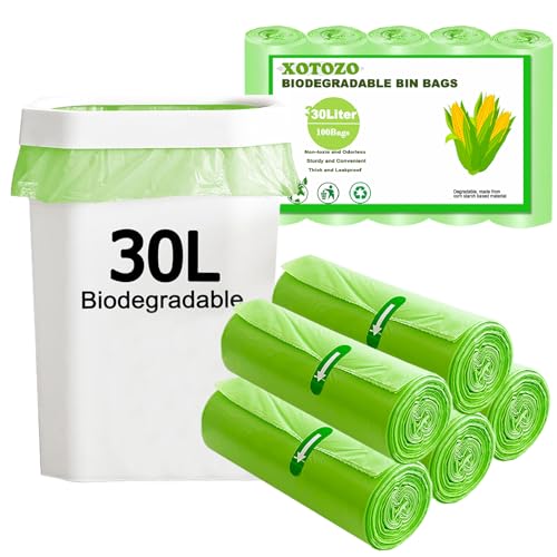 30L Biodegradable Bin Liners 100 Bags, 8Gallon/30 Litre Food Waste Bags Thickened Compostable Trash Caddy Liners, Recycled Degradable Garbage Rubbish Bag for Kitchen Bathroom Garden, Green 60 x 65cm
