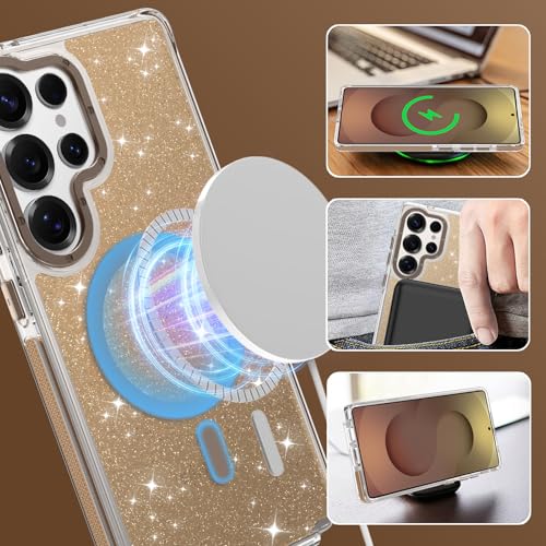 Image of Magnetic Case for Samsung Galaxy S25 Ultra [Compatible with Magsafe] [Bling Glitter Fluorescent Design] [1 Screen Protector] Slim Translucent Matte Case for Galaxy S25 Ultra 6.9 inch, Desert
