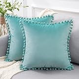 Top Finel Decorative Throw Pillow Covers with Pom Poms Soft Particles Velvet Solid Cushion Covers 18 X 18 for Couch Bedroom Car, Pack of 2, Teal