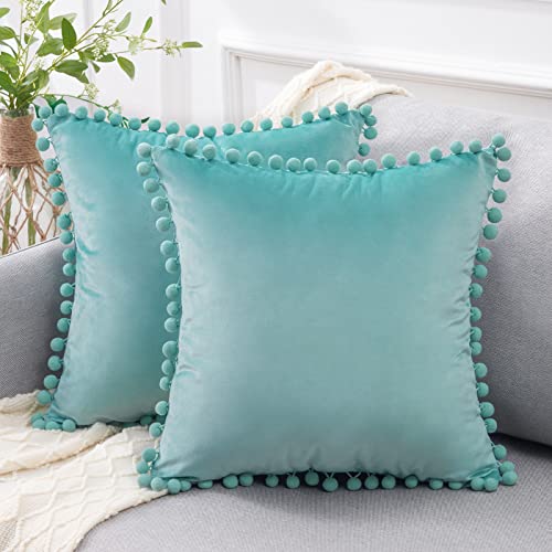 Top Finel Pack of 2 Decorative Throw Pillow Covers 18x18 inches Blue Turquoise Pillow Cover with Pom Poms Soft Velvet Square Cushion Covers for Couch Sofa Bedroom Livingroom Spring Boho Home Decor