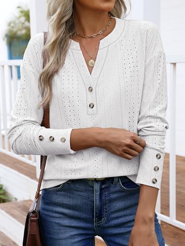 ANRABESS Womens Eyelet Tops Long Sleeve Henley Shirts Business Dressy Casual Blouse Vacation T-Shirt 2025 Fall Outfits
