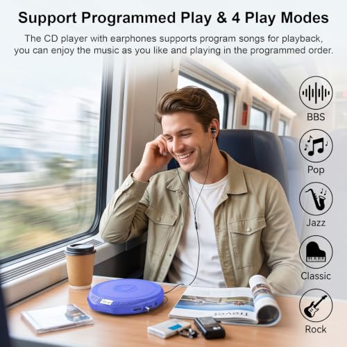 Image of Gueray Portable CD Player with Earphones CD Player for Car Support MP3 | CD Dsicman with Anti-Skip Shockproof with LCD Display Support PROG Memory Repeat Function