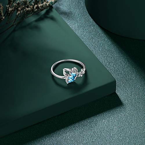 Hipunk Butterfly Blue Rings Bands Statement Birthstone Women 925 Sterling Silver March-Auqamarine Birth Stone Animal Butterflies Adjust Ring Crystal Birthday Jewelry Sr0002M #TOP2