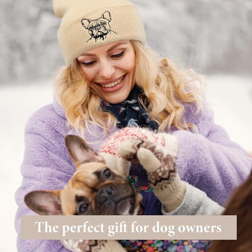 Geyoga Warme Weiche Wintermütze Winter Beanie Mütze Strickmütze mit Stickerei Kalte Mütze mit Hundestickerei Geschenk Strickmütze für Hundebesitzer(Beige,Französischer Hund)