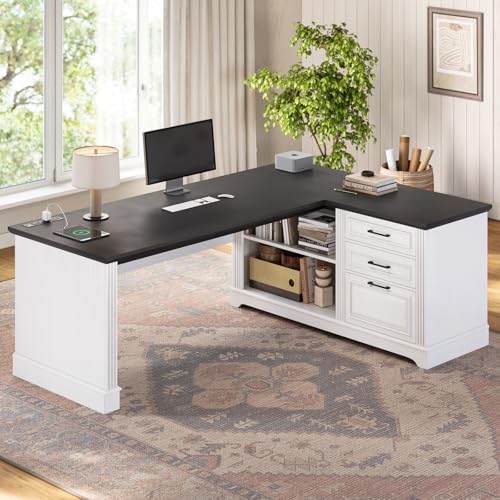 SEDETA Farmhouse 61" Executive L Shaped Desk, Home Office Desk with File Drawers, Computer Desk with Power Outlets and Storage Shelves for Home Office
