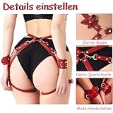 SUPKTHDY Punk Harness Damen Leder Strumpfband Gürtel mit Handschellen Geschirr Damen Sexy Körper Harness Taille Bein Leder Sex Bondage Handschellen Fesseln Sex Set Nachtclub Rave Kostüm Cosplay Rot