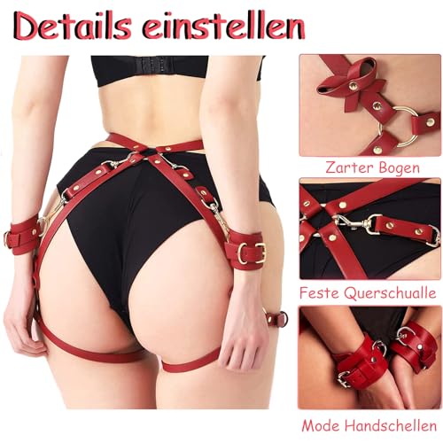 SUPKTHDY Punk Harness Damen Leder Strumpfband Gürtel mit Handschellen Geschirr Damen Sexy Körper Harness Taille Bein Leder Sex Bondage Handschellen Fesseln Sex Set Nachtclub Rave Kostüm Cosplay Rot