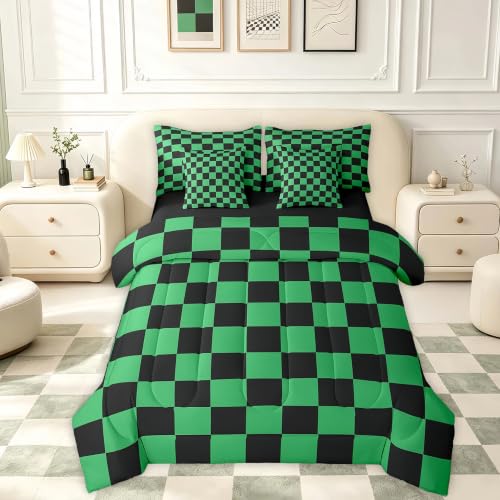 Image of Feelyou Checkered 7 Piece Bedding Set Teen Green Black Plaid Comforter Set with Sheets King Size Kids Boys Cute Retro Neutral Checkerboard Geometric Bed in a Bag Vintage Aesthetic Room Decor