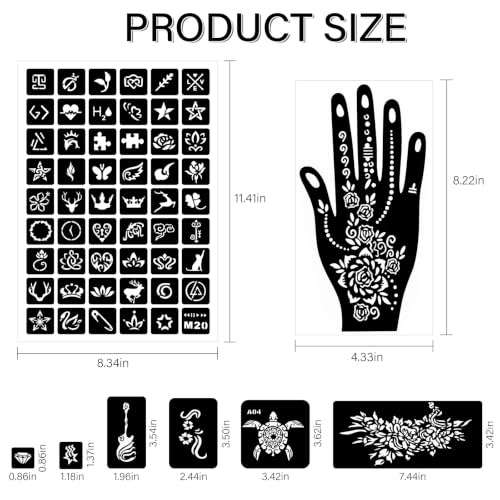Henna Schablonen, 247 Stück Temporäre Henna Tattoo Schablonen, 14 Blätter Henna Tattoo Set für Frauen Mädchen Teens Face Paint Body Art