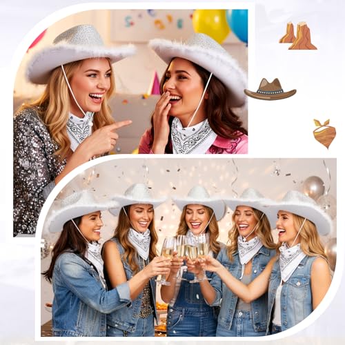 Image of Coume 12 Pcs Sparkly Adults Cowboy Hat and Bandanas Women Men Western Glitter Cowgirl Party Hats with Adjustable Drawstring