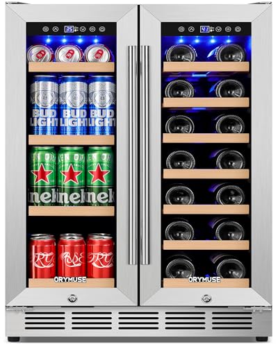 ORYMUSE 24 Inch Dual Zone Wine and Beverage Refrigerator, Built-in or Freestanding Cooler with French Doors, Drink Fridge with Upgraded Compressor for Beer, Wine, and Soda