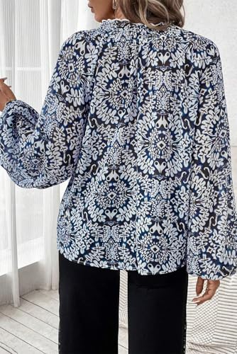 Women's Blue Tribal Print Lace-Up Frilled Neck Puff Sleeve Blouse - Elegant and Stylish3