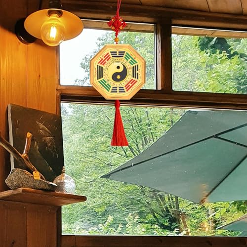 TENDYCOCO 太極拳の八卦鏡 風水鏡 金縁カラフル 八卦真鍮ライトミラー 19.5cm 家庭用玄関窓飾り 中国の道教の装飾 平面鏡 九方格子 店舗新築祝いに最適 [4]