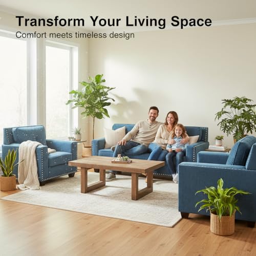 Image of Sofa and Loveseat Set, Linen Living Room Set with Nailhead Trim, 3 Piece Living Room Furniture, Modern 3-Seater Sofa + 2-Seater Loveseat + Accent Chair Sets, for Home Office, Blue