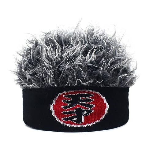 YEKEYI Christmas Novelty Hip Hop Beanie Hat with Spiked Fake Hair Funny Wig Skull Landlord Cap Streetwear Halloween Gray