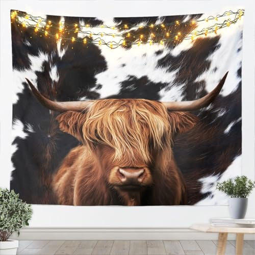 Highland Cattle Tapestry Cow Fur Wall Hanging for Kids Teens Boys Girls Room Decor, Farmhouse Animals Cowhide Wall Blanket Tapestries Black White Brown Rustic Wall Art Hanging, Small 51.2 x 59.1 Inches