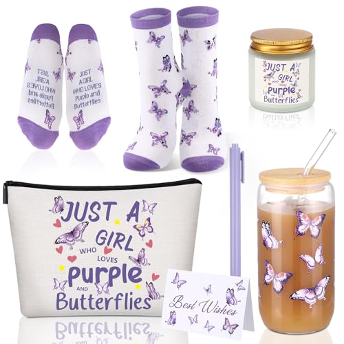 Singhoow Purple Butterfly Gifts Set of 6 Butterfly Makeup Bag Scented Candle Glass Cup with Lids and Straws Sock Greeting Card Pen for Women Lady Mothers Day Wife Girlfriend