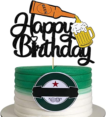 Happy Birthday Beer Cake Topper, Glitter Topper for Cheers and Beer Themed Parties, Cake Decorations for Adult Men Women Night Club Event Party (6.7