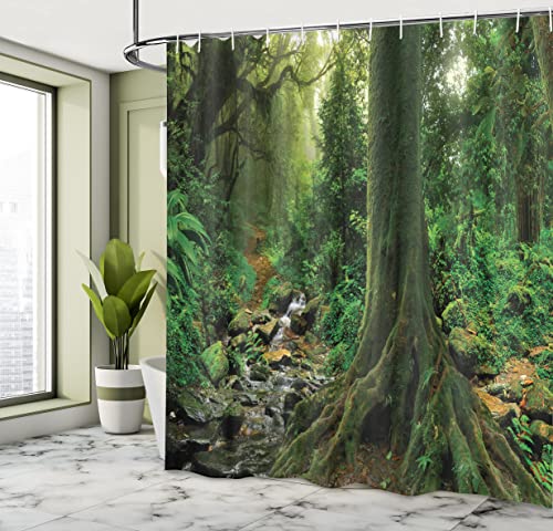 ABAKUHAUS Forest Shower Curtain, Rain Woodland Scenery River in the North Forest in the Early Morning Humid Fog Print - Image 4