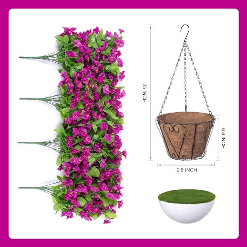 Image of Ammyoo Artificial Faux Hanging Flowers Basket for Spring Outdoor Decor | Fake Silk Colorful Morning Glory Eucalyptus in Planter UV Resistant for Summer Home Porch Balcony Yard(Red Purple)