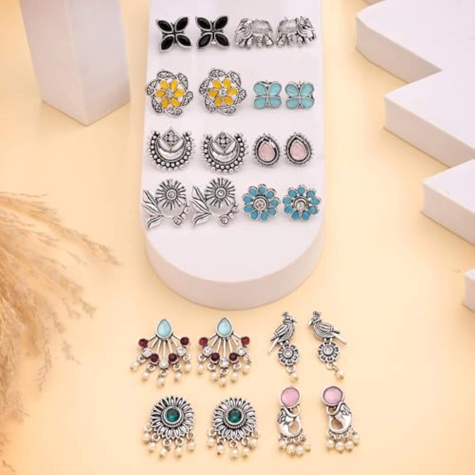 Oxidized Stud Earrings Set of 12, Traditional & Modern Styles