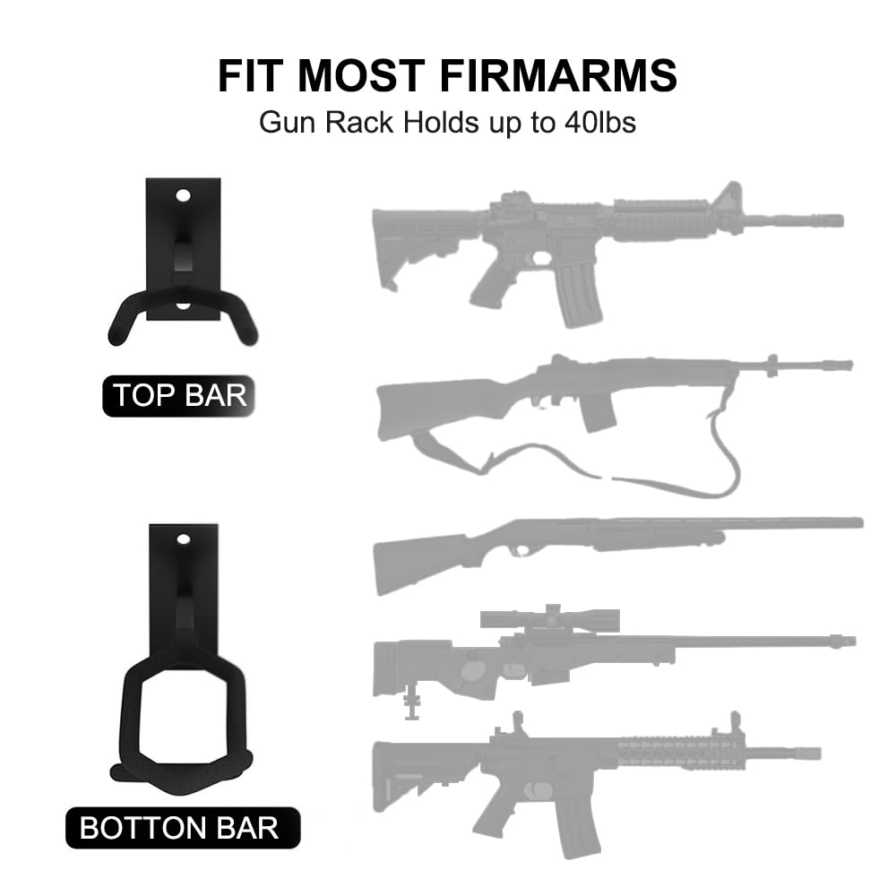 MiOYOOW Supporto per Pistola da Parete, 1 Set di Espositore Ganci per Fucili in Metallo, Altezza Regolabile, Porta Fucile per Interni, può Contenere Fino a 40 Libbre