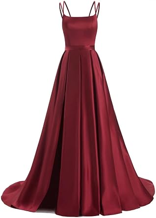 HSFIYAKJ Satin Prom Dresses Long Ball Gown A Line Spaghetti Straps Pleated Formal Evening Dress for Women with Pockets