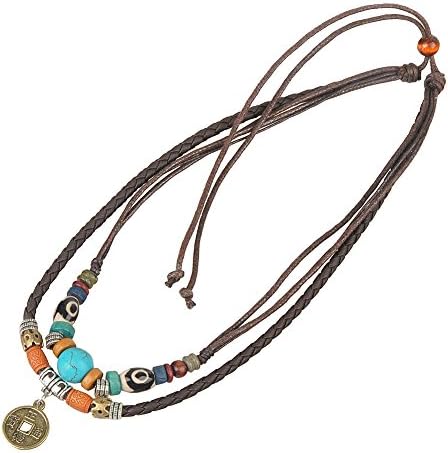 Ancient Tribe Collana Choker Bohémienne A Doppio Cordoncino | Pelle E Canapa Con Ciondolo Cuore Dorato E Perline In Legno