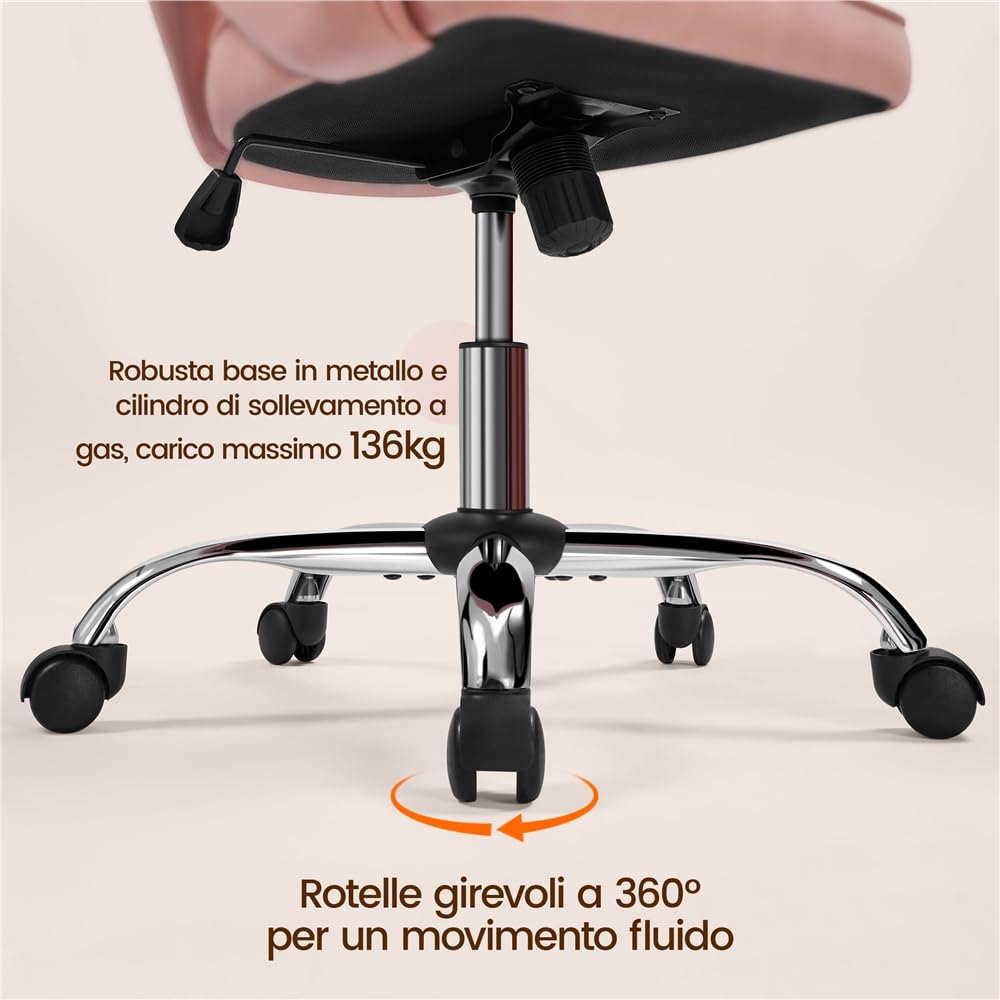 Yaheetech Poltroncina/Sedia da Ufficio Scrivania Ergonomica in Velluto Imbottita a Rotelle Girevole Reclinabile Altezza Regolabile Rosa