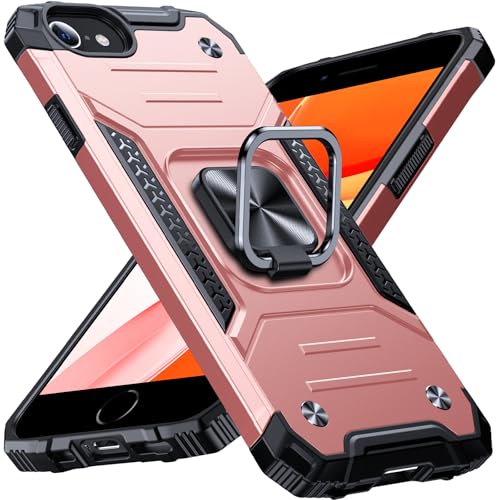 Image of Anqrp Heavy Duty Case for iPhone 6 /7 /8 /SE /SE2 Case with Enhanced Ring Holder Grip Stand, Military Grade Shockproof Rugged Drop Protective Silicone Hard Slim iPhone SE Phone Case Cover,Pink Gold