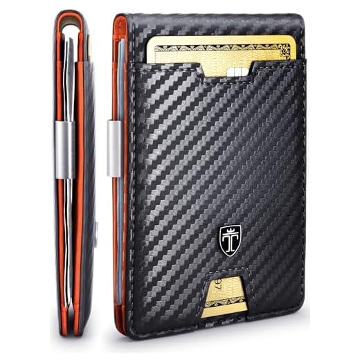 TRAVANDO Mens Slim Wallet with Money Clip AUSTIN RFID Blocking Bifold Credit Card Holder for Men with Gift Box (Carbon & Orange)