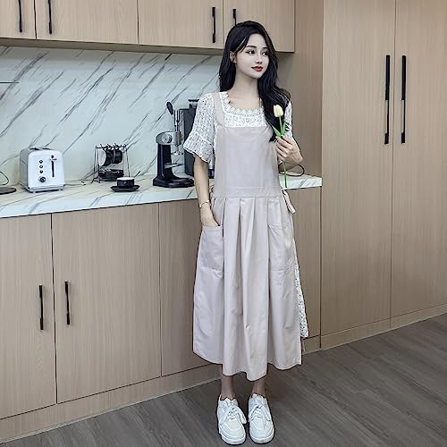 Talibsa Pinafore Apron Dress，Japanese Cotton Linen Cross Back Apron For Women With Pockets，Pinafore Dress With Waist Ties (Beige) #TOP2