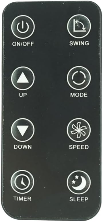 Davant view of the replacement remote control, black with white buttons for power, swing, up, down, mode, speed, timer, and sleep functions.