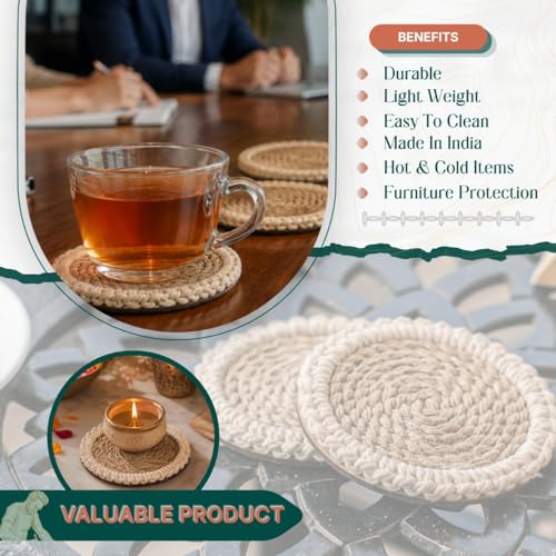 Image of Jute Bloom Coaster Set of 4 | 4x4 Inch Round Natural Beige Jute Coasters with Sea Shell Boho Design | Tea Coffee Mug Glass Cup Coasters for Dining Table & Hot Pots, Kitchen & Home Decor