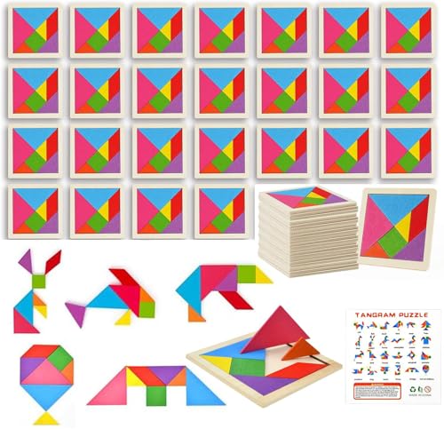 24 PCS Puzzle Tangram De Madera, Mini Juegos de Rompecabezas, Aprendizaje Divertido Rompecabezas Juguetes Educativos, para Bolsas De Regalo de Cumpleaños