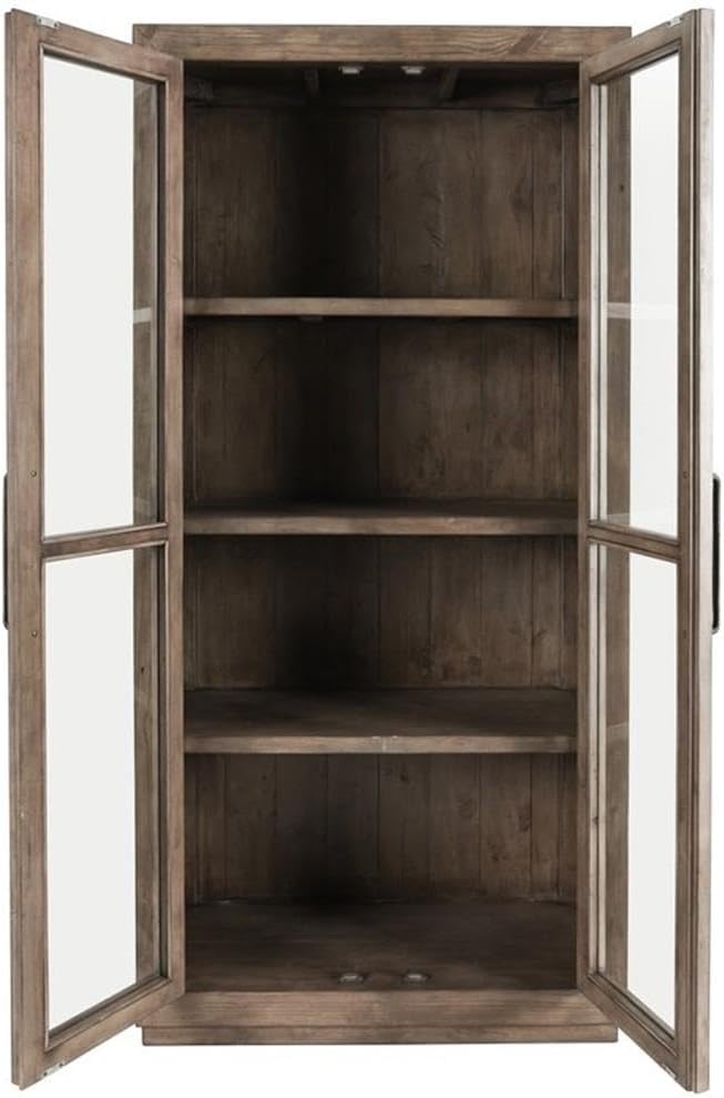 BOWERY HILL Transitional Display Cabinet, 70" H x 35" W x 17" D, Reclaimed Pine Wood, Weathered Brown Finish, 3 Shelves, 2 Doors, Distressed Hand-Finished Storage for Home or Office