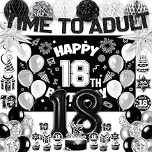 18th Birthday Decorations for Boys Girls, Black 18th Birthday Supplies Include Time To Adult Banner Happy 18th Birthdays Backdrop Cake Topper for 18 Year Old Birthday Decor