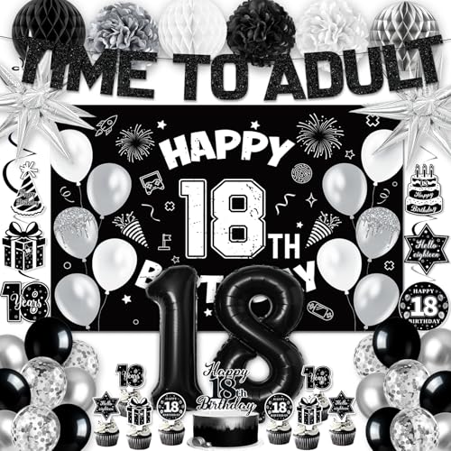 18th Birthday Decorations for Boys Girls, Black 18th Birthday Supplies Include Time To Adult Banner Happy 18th Birthdays Backdrop Cake Topper for 18 Year Old Birthday Decor