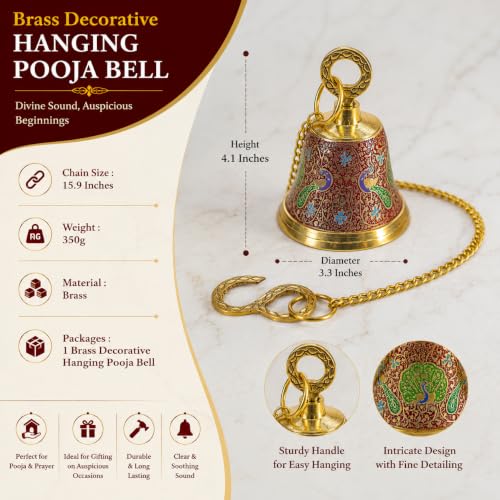 Image of CraftVatika Brass Wall Hanging Bell Ghanti for Pooja Decoration Mandir Home Temple, Pooja Decorative Items, Ghanti Bell with Deep Sound, Puja Bell with Chain and Hook (20 Inch Height)