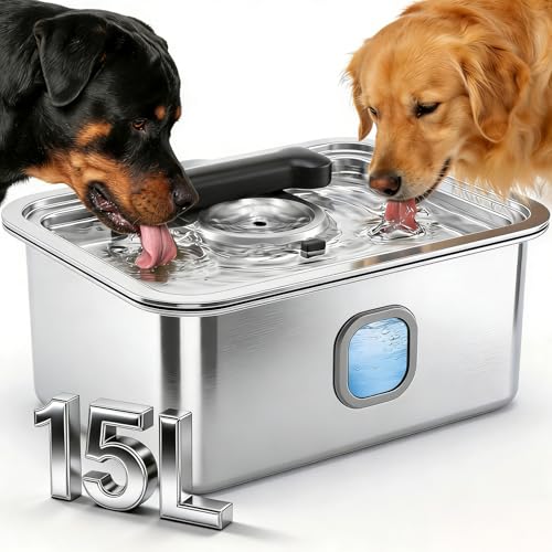 Teynouk 15L Water Fountain for Large Dogs, Stainless Steel Pet Drinking Dispenser Automatic Fresh Flow Bowl Inside with Filter, 4Gal Extra Huge Refillable Water Dispenser Indoor