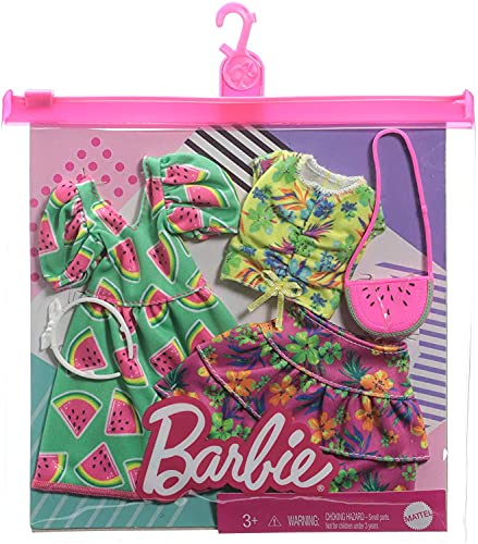 Barbie GRC85 - Barbie Moden 2er-Set, zwei Outfits für die Barbie-Puppe, Kleid, Blumenrock, Tanktop und zwei Accessoires… – Bild 5