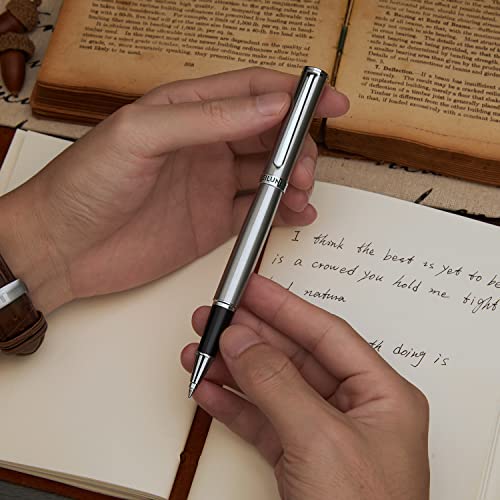 Beiluner Luxury Rollerball Pen, Silver Grey Pen Barrel With Chrome Trim, Schmidt Ink Refill With Gift Case, Best Roller Ball Pen Gift Set For Men & Women, Professional, Executive Office, Nice Pens #TOP5