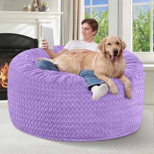 Image of 4FT Bean Bag Chair,Giant Bean Bag Chairs for Adults,Big Bean Bags with Memory Foam Filled, Large Beanbag Chairs with Chevron Plush Cover-Purple