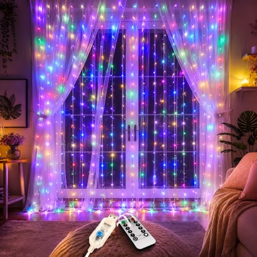 Image of One94Store Fairy Curtain String Lights, 300 LED USB Powered Fairy Lights with Remote, 8 Modes, Window Wall Decor for Bedroom, Party, Diwali & Christmas - 3x3m Multicolor