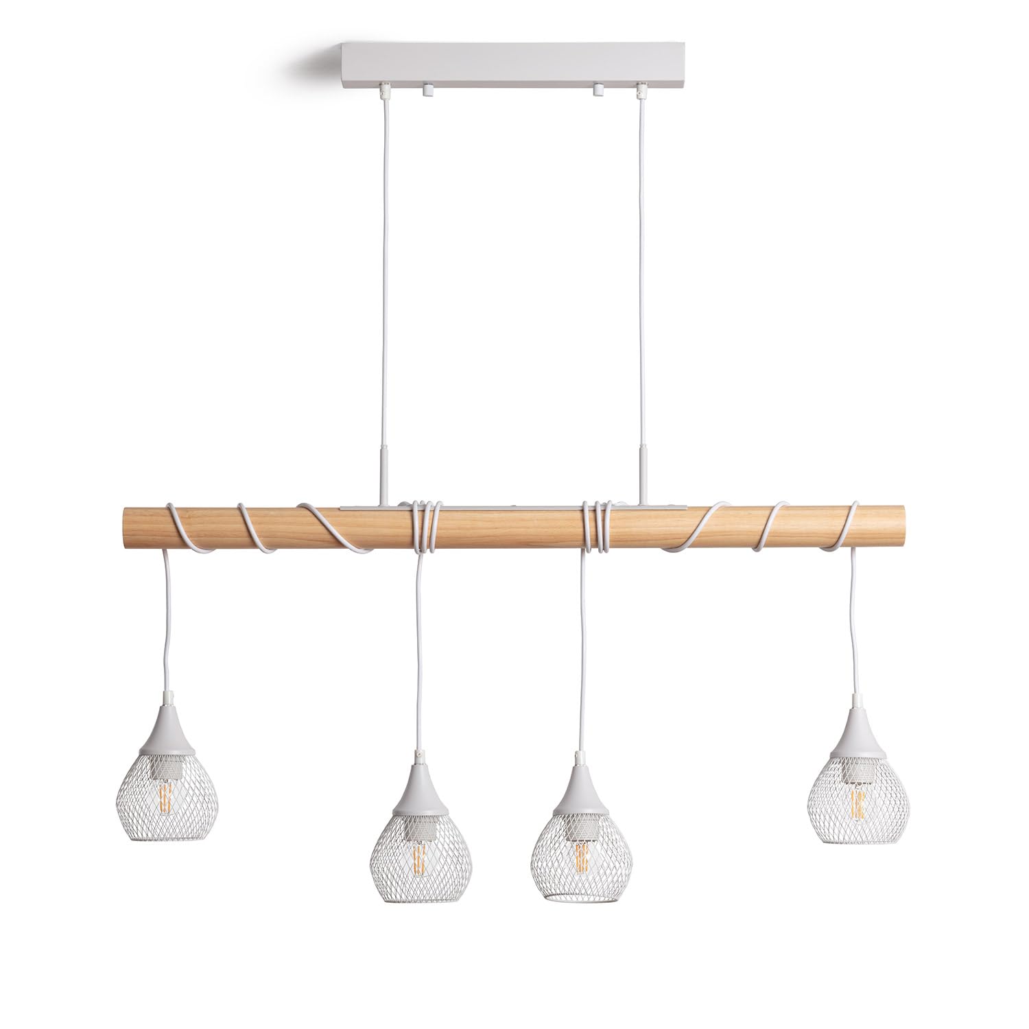 LEDKIA LIGHTING - Lámpara Colgante Madera y Metal Monah | Estilo Nórdico e Industrial | Uso Interior | 4 Bombillas E27 | IP20, Blanco, Madera