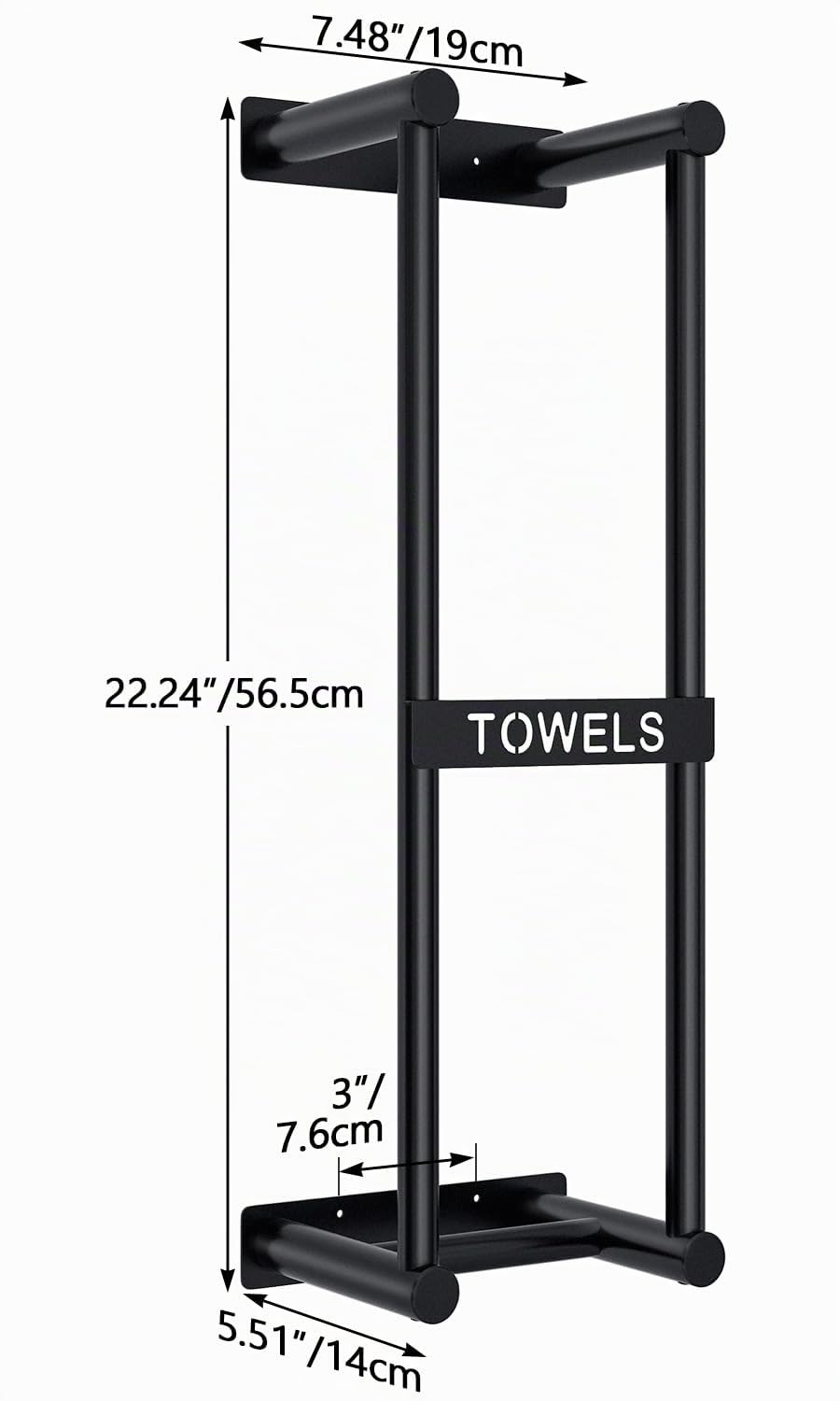 STWWO Porte Serviette Murale 56cm Noir Porte-Serviettes Salle de Bain Range Serviettes pour Serviettes Roulées Support Rangement de Bain, Métal