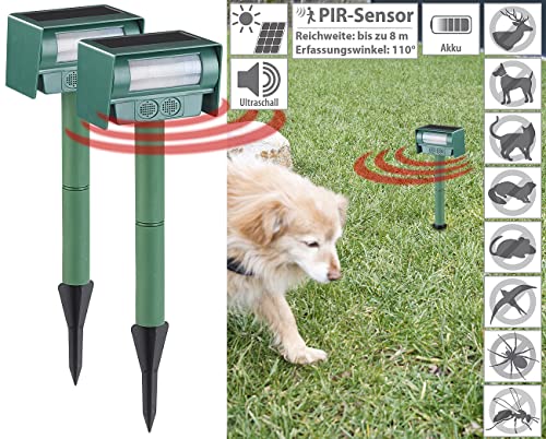 Royal Gardineer Solar Katzenschreck: 2er-Set Ultraschall-Tierschrecke, Solar, PIR-Sensor (Katzenschreck Ultraschall, Hund)